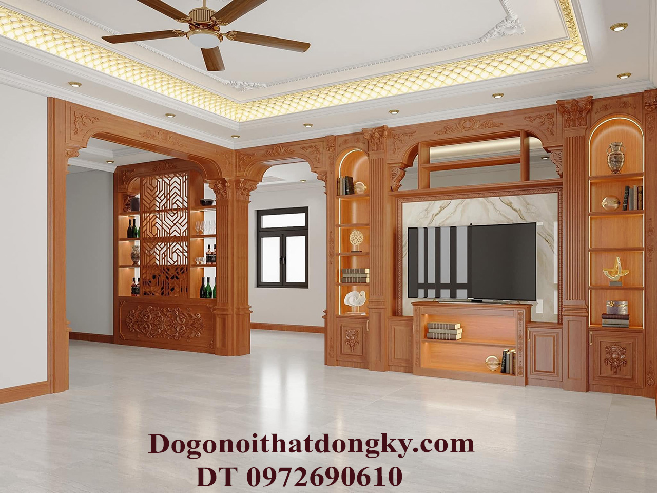 Vách gỗ ngăn phòng khách
